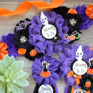 Ghost Halloween Baby Shower, Halloween Baby Shower, Black Purple Orange Maternity Sash, Mommy To Be Pin, Daddy To Be Pin