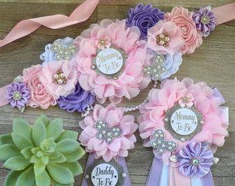 Lavender Pink Butterfly Baby Shower, Lavender Pink Silver Butterfly Maternity Sash, Silver Butterfly Mommy To Be Ribbon, Daddy To Be Pin