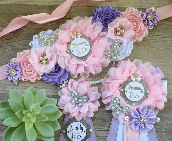 Lavender Pink Butterfly Baby Shower, Lavender Pink Silver Butterfly Maternity Sash, Silver Butterfly Mommy To Be Ribbon, Daddy To Be Pin