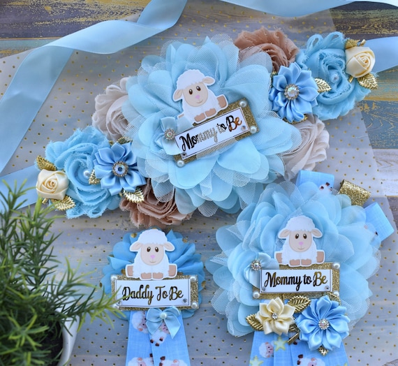 Lamb Ribbon Corsage Pins, Lamb Mommy To Be Badge Baby Shower, Sheep Blue Brown Mommy To Be Pin, Sheep Lamb Daddy To Be Pin, Lamb Shower