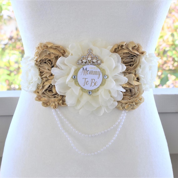 Ivory Gold Princess Flower Sash, Ivory Gold Maternity Sash, Ivory Gold Pregnant Sash, Mommy and Daddy To Be, Ivory Princess Baby Shower
