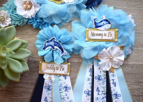 Blue Under The Sea Baby Shower, Turtle Octopus Starfish Aqua Blue Flower Maternity Sash, Under The Sea Mommy To Be Pin, Daddy To Be Pin