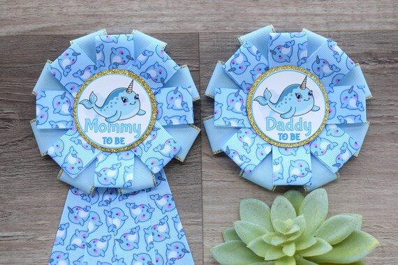 Narwhal Baby Shower, Narwhal Mommy To Be Ribbon Pin, Narwhal Daddy To Be Ribbon Pin, Parent Corsage Pin