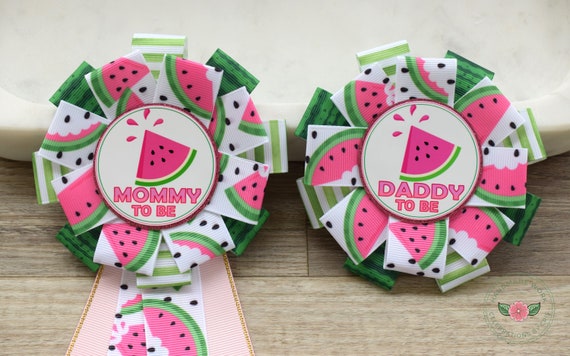 Watermelon Baby Shower, Watermelon Fruit Mommy To Be Ribbon Pin, Daddy To Be Pin, Summer Tropical