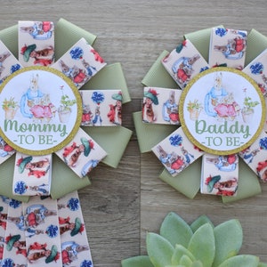 Gender Reveal Rabbit Baby Shower, Rabbit Bunny Mommy to Be Ribbon Pin, Daddy To Be Pin, Parent&#39;s To Be Pins