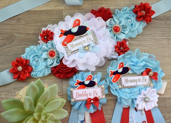 Airplane Baby Shower, Boy Baby Shower, Airplane Maternity Sash, Up Up and Away, Fly Airplane Baby Shower Sash, Blue Red White, Custom Set
