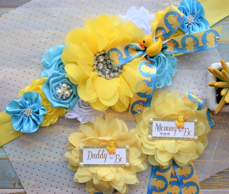 Rubber Duck Baby Shower, Ducky Flower Sash, Mommy To Be Ribbon, Daddy To Be Corsage Pin, Yellow Blue White Duck Baby Shower Sash, Custom image 1
