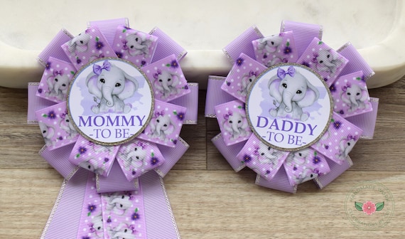 Lavender Elephant Baby Shower, Lavender Elephant Mommy To Be Ribbon Pin, Purple Elephant Daddy To Be Badge Pin