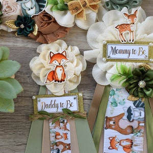 Woodland Baby Shower, Sage Green Fox Raccoon Woodland Maternity Sash, Mommy To Be Ribbon, Daddy To Be Pin, Woodland Baby Shower - S0005