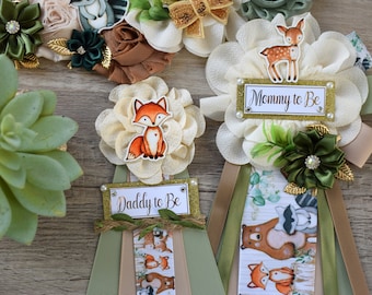 Woodland Baby Shower, Sage Green Fox Raccoon Woodland Maternity Sash, Mommy To Be Ribbon, Daddy To Be Pin, Woodland Baby Shower - S0005