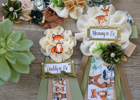 Woodland Baby Shower, Sage Green Fox Raccoon Woodland Maternity Sash, Mommy To Be Ribbon, Daddy To Be Pin, Woodland Baby Shower - S0005