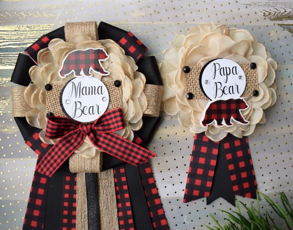 Mama Bear Corsage Pin, Buffalo Plaid Mommy Bear Baby Shower, Papa Bear Pin, Lumberjack Mommy Daddy To Be Corsage, Red Black Buffalo Plaid