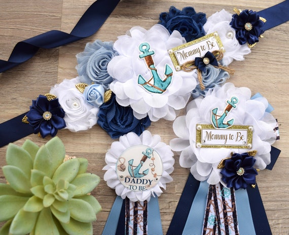 Nautical Baby Shower, Red Blue White Flower Sash, Ahoy Nautical Maternity Sash, Ahoy Its a Boy, Nautical Belly Sash, Nautical Sash, S0001
