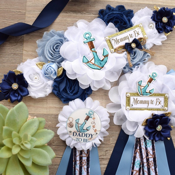 Nautical Baby Shower, Red Blue White Flower Sash, Ahoy Nautical Maternity Sash, Ahoy Its a Boy, Nautical Belly Sash, Nautical Sash, S0001