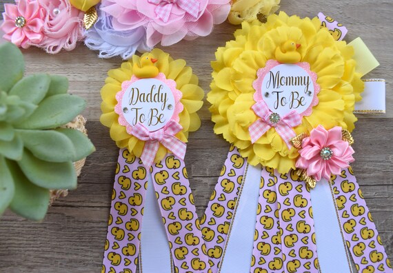 Girl Pink Ducky Baby Shower, Ducky Maternity Sash, Rubber Duck Mommy To Be Ribbon, Yellow Pink Rubber Duck Daddy To Be Pin, Gift Baby Shower