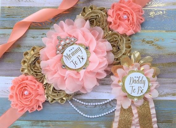 Coral Gold Flower Sash, Coral Gold Maternity Sash, Coral Gold Pregnant Sash, Coral Mommy and Daddy To Be, Coral Princess Baby Shower, Custom