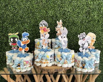 Boy Looney Cartoons Mini Diaper Cake Set, Blue Tunes Baby Shower, Baby Shower Centerpieces Decorations, New Mom Gifts, Custom Order Welcome