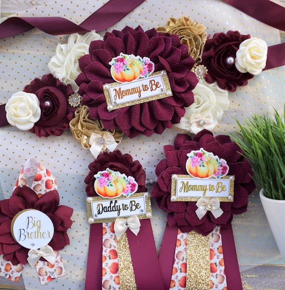 Burgundy Pumpkin Baby Shower, Ivory Burgundy Cream Maternity Sash, Gold Cream Flower Belly Sash, Pumpkin Fall Flower Belly Sash, Custom