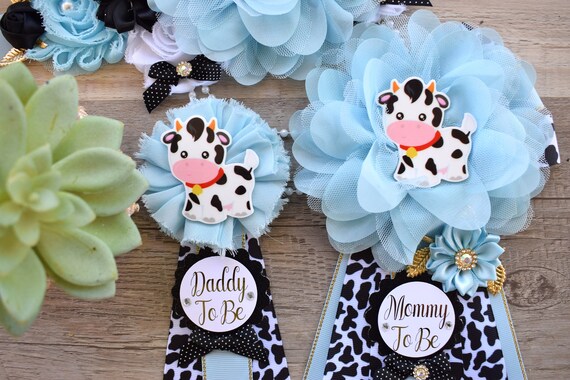 Blue Cow Baby Shower, Boy Cow Maternity Sash, Farm Boy Cow Mommy To Be Ribbon, Daddy To Be Ribbon, Baby Shower Gift, Custom