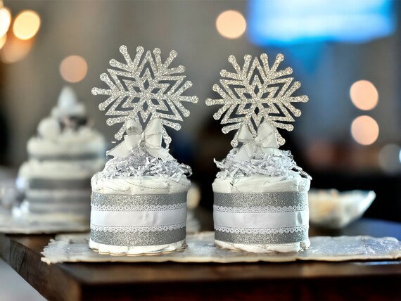 Snowflake White Silver Mini Diaper Cake, Gender Reveal Baby Shower Centerpieces Decoration, Neutral Room Nursery Decor, Gif For Her - S00010