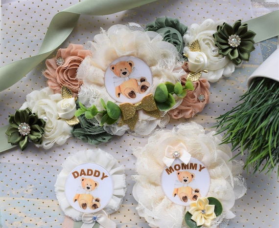 Sage Green Ivory Teddy Bear Baby Shower, Teddy Bear Sash, Ivory Tan Beige Teddy Bear Corsage Pin, Bear Mommy To Be, Sage Green, Custom