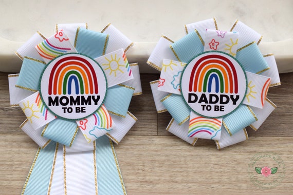 Rainbow Maternity Sash, Multicolored Parent Pins, Rainbow Mommy To Be Ribbon Pin, Rainbow Daddy to Be Pin
