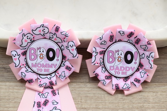 Girl Pink Ghost Halloween Baby Shower, Ghost Baby Shower, Mommy To Be Ribbon, Daddy To Be Pin, Maternity Sash