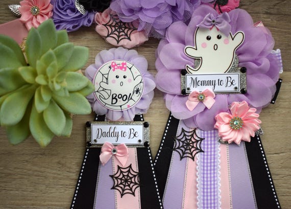 Girl Pink Lavender Ghost Halloween Baby Shower, Pink Maternity Sash, Mommy To Be Ribbon, Daddy To Be Pin, Halloween Baby Shower Gift, Custom