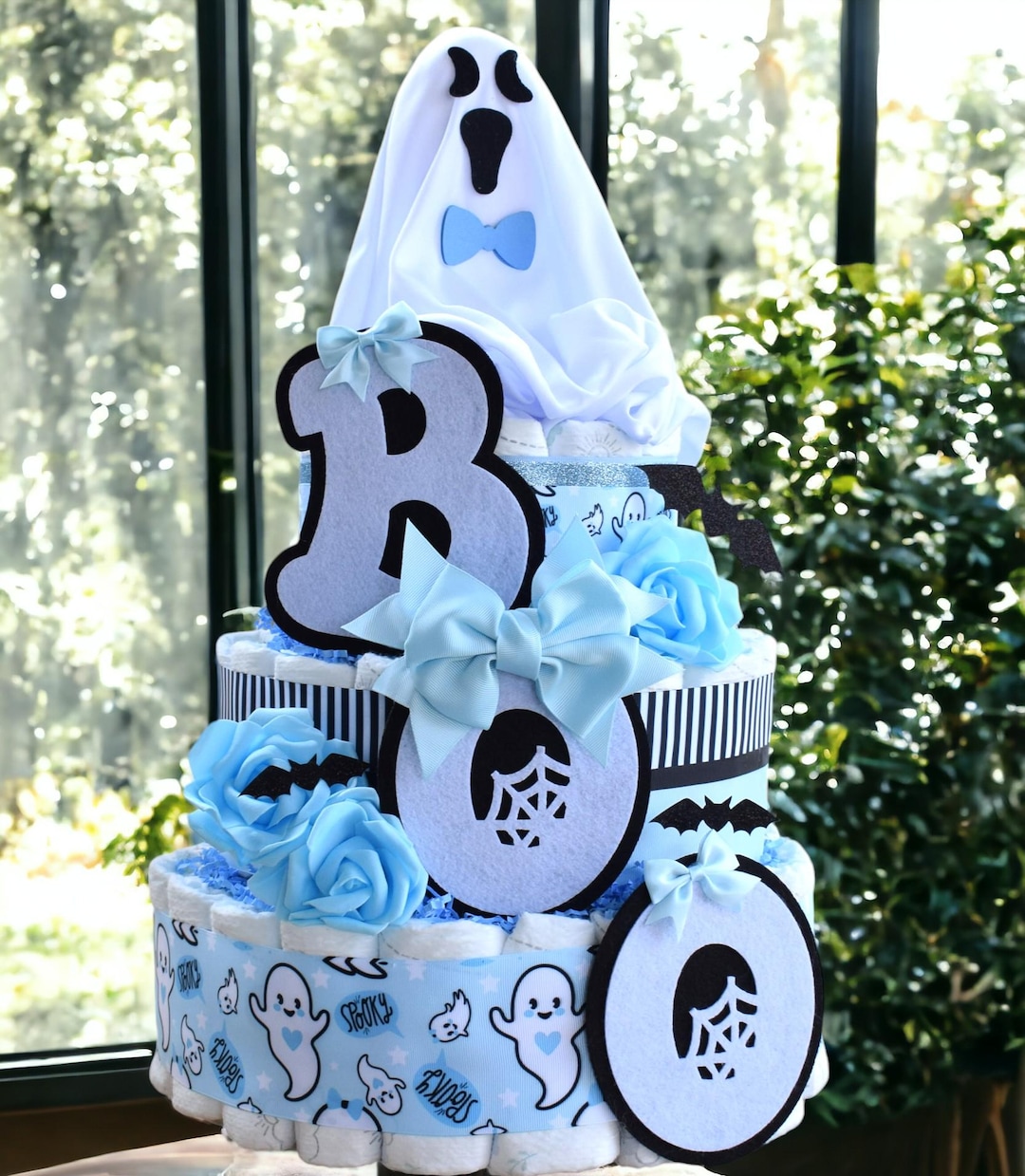 Tier Blue Ghost Diaper Cake Baby Shower, Boy Blue Halloween Baby - Main Image