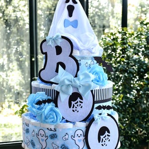 3 Tier Blue Ghost Diaper Cake Baby Shower, Boy Blue Halloween Baby Shower Centerpieces Decorations, Blue Ghost Shower Party Decor - S0011
