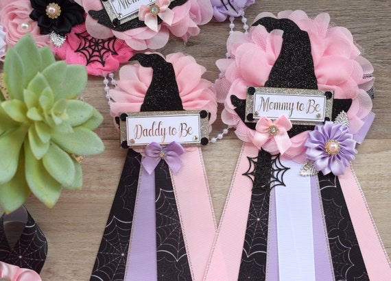 Girl Witch Halloween Baby Shower, Pink Maternity Sash, Pink Lavender Mommy To Be Ribbon, Daddy To Be Pin, Halloween Baby Shower Gift, Custom