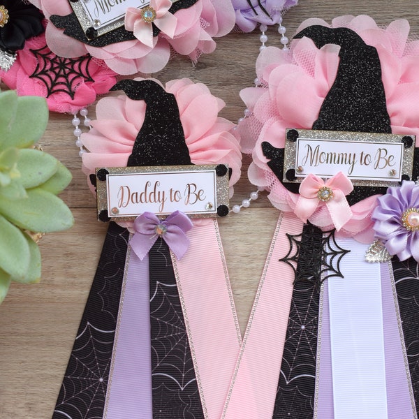 Girl Witch Halloween Baby Shower, Pink Maternity Sash, Pink Lavender Mommy To Be Ribbon, Daddy To Be Pin, Halloween Baby Shower Gift, Custom