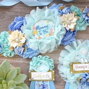 Under The Sea Baby Shower, Turtle Octopus Starfish Aqua Blue Flower Maternity Sash, Under The Sea Mommy To Be, Under The Sea Daddy To Be