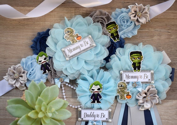 Boy Halloween Baby Shower, Blue Grey Maternity Sash, Blue Navy Maternity Sash, Halloween Mommy To Be Ribbon, Halloween Daddy To Be Pin