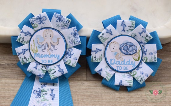 Turtle Octopus Baby Shower, Under The Sea Turtle Octopus Starfish Aqua Blue Mommy To Be Ribbon Pin, Under The Sea Daddy To Be Badge