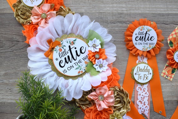 Orange Shoulder Sash, A Little Cutie Is On The Way Baby Shower Maternity Sash, A Little Cutie Orange Pregnant, Orange Coral Flower Sash