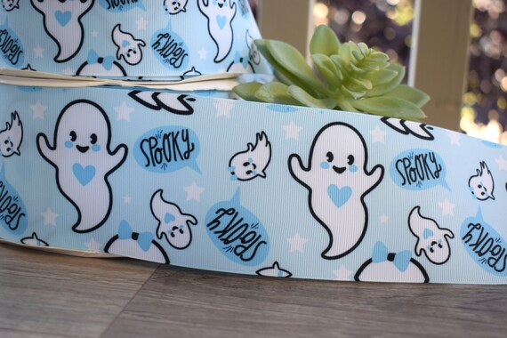 Blue Ghost Grosgrain Ribbon, Boy Blue Halloween Ghost Baby Shower Party, Diaper Cake || 3 Yards of Ribbon - 1" (25mm)  2" (50mm) / 3" (75mm)