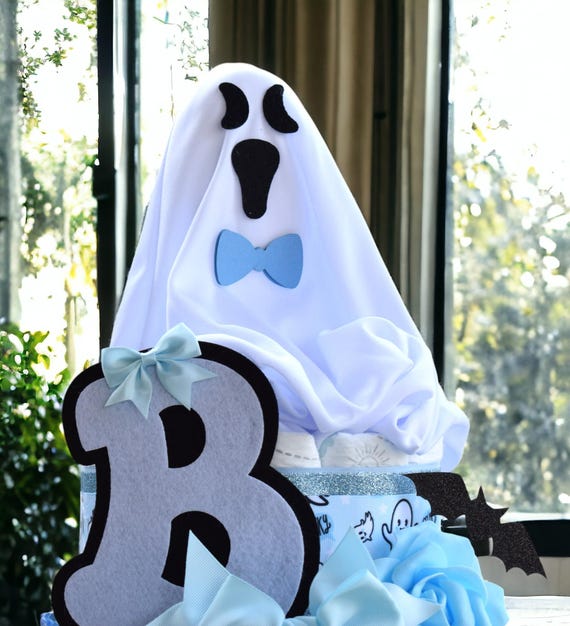 Blue Ghost Diaper Cake Baby Shower, Boy Blue Halloween Baby Shower Centerpieces Decorations, Blue Ghost Shower Party Decor - S0011