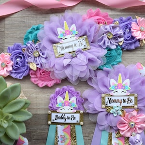 Unicorn Baby Shower, Unicorn Maternity Sash, Unicorn Mommy To Be Ribbon, Daddy To Be Pin, Purple Aqua Pink Sash, Unicorn Baby Shower