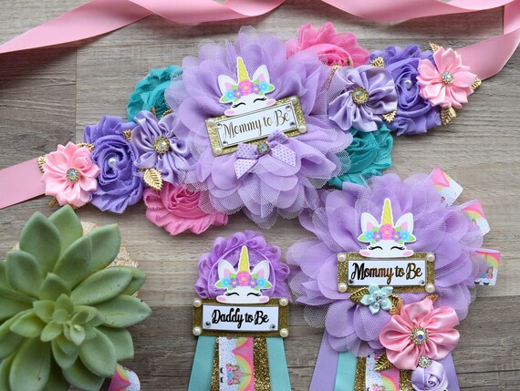 Unicorn Baby Shower, Unicorn Maternity Sash, Unicorn Mommy To Be Ribbon, Daddy To Be Pin, Purple Aqua Pink Sash, Unicorn Baby Shower