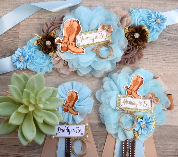 Cowboy Baby Shower, Blue Cowboy Maternity Sash, Boy Cowboy Mommy and Daddy To Be Pin, Blue Brown Flower Sash, Blue Boot Hat Corsage Pin