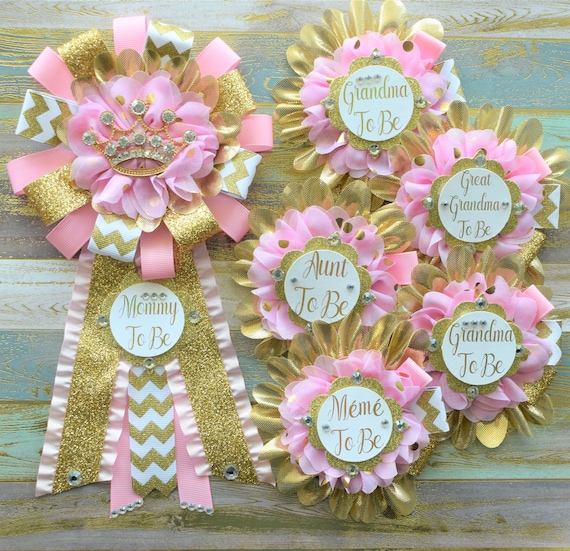 Princess Pink Gold Princess Corsage Pin, Pink Gold Princess Pin, Mommy to Be Corsage, Pink & Gold Royal Princess Baby Shower, Custom Set