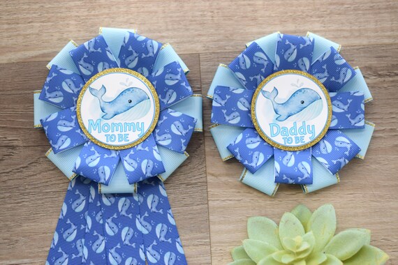 Whale Baby Shower, Mommy To Be Ribbon Pin, Daddy To Be Ribbon Pin, Parent Corsage Pin