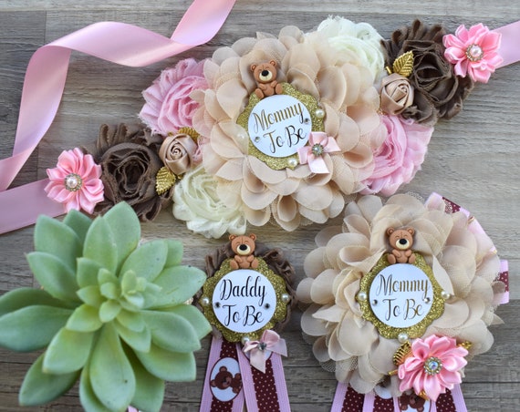 Girl Teddy Bear Baby Shower, Pink Bear Mommy Bear Maternity Sash, Papa Teddy Bear Mommy Daddy To Be Corsage, Pink Girl Teddy Bear, Custom