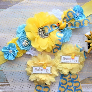 Rubber Duck Baby Shower, Ducky Flower Sash, Mommy To Be Ribbon, Daddy To Be Corsage Pin, Yellow Blue White Duck Baby Shower Sash, Custom image 6