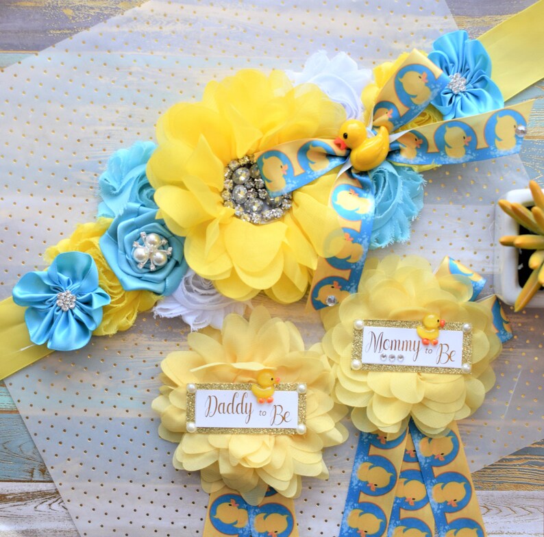 Rubber Duck Baby Shower, Ducky Flower Sash, Mommy To Be Ribbon, Daddy To Be Corsage Pin, Yellow Blue White Duck Baby Shower Sash, Custom image 6