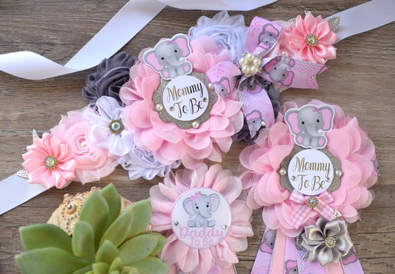 Pink Elephant Baby Shower, Girl Pink Elephant Maternity Sash, Pink Elephant Belly Mommy To Be Ribbon, Girl Daddy To Be Pin, Custom