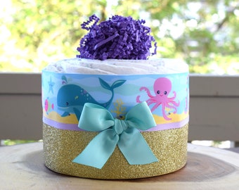 Under The Sea Mini Diaper Cake Baby Shower, Baby Shower Centerpieces Decorations, Girls Room Nursery Decor, New Mom Gifts, Baby Shower Gift