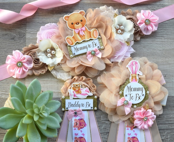 Girl Teddy Bear Baby Shower, Pink Bear Mommy Bear Maternity Sash, Papa Teddy Bear Mommy Daddy To Be Corsage, Pink Girl Teddy Bear, Custom