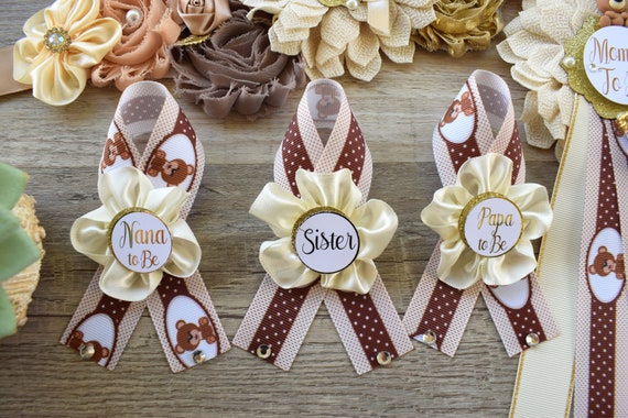 Teddy Bear Baby Shower, Teddy Bear Maternity Sash, Ivory Tan Beige Teddy Bear Corsage Pin, Bear Mommy To Be, Teddy Bear Daddy To Be, Custom